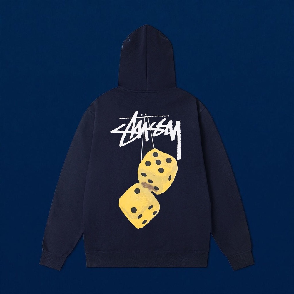Stussy Navy Hoodie with Yellow Dice Graphic